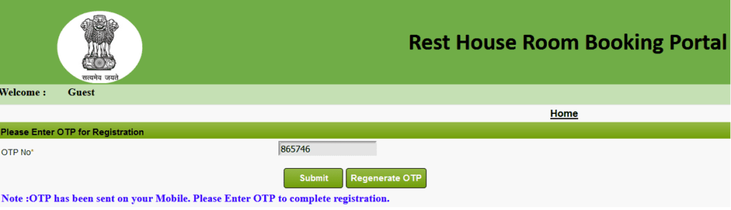 Haryana PWD Rest House - Final OTP Submit