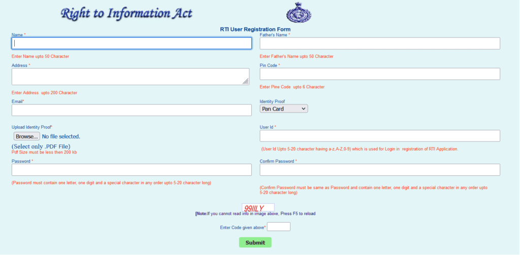 Online RTI Haryana Registration - User Details form