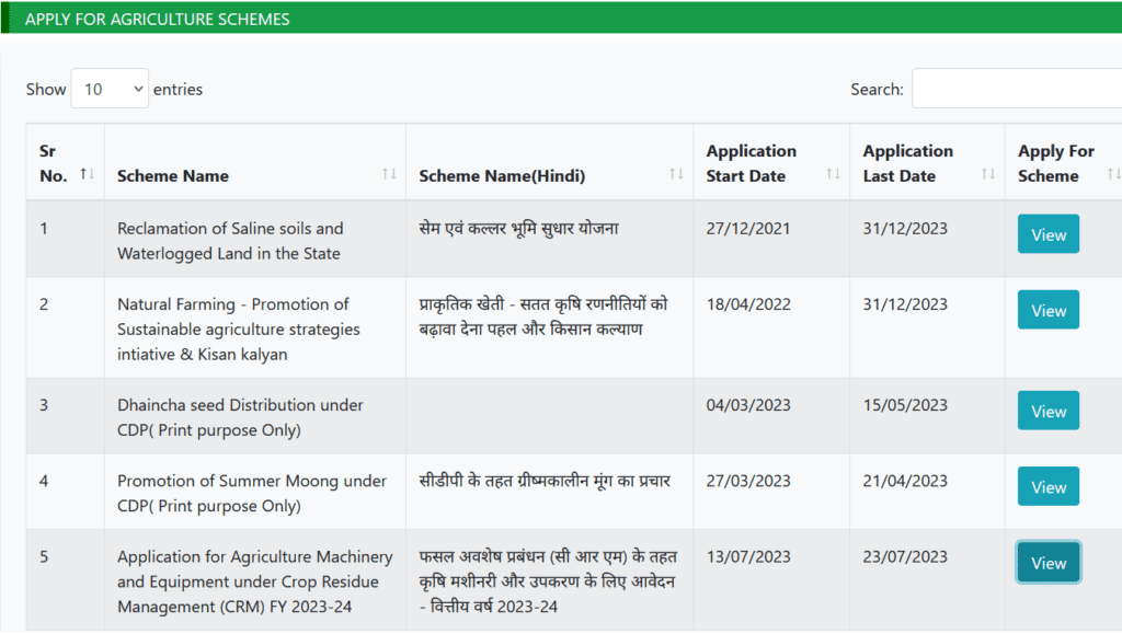 Haryana Krishi Yantra Anudan Yojana 2023: schemes list page