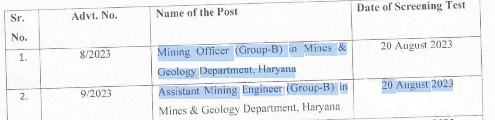 Assistant Mining Engineer & Mining Officers Haryana Exam date